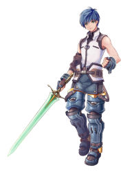 Rule 34 | 1boy, ankle belt, bad id, bad pixiv id, belt, blue hair, blue legwear, brown gloves, character request, check character, clenched hand, elbow pads, fayt leingod, fingerless gloves, fujishino shikino, full body, gloves, green eyes, holding, holding sword, holding weapon, looking at viewer, male focus, shirt, sleeveless, sleeveless shirt, solo, standing, star ocean, star ocean anamnesis, sword, weapon, white shirt