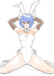 Rule 34 | 1girl, animal ears, arms up, ayanami rei, bare legs, bare shoulders, blue hair, breasts, cleavage, collaboration, commentary, covered navel, detached collar, detached sleeves, english commentary, fake animal ears, full body, gloves, gluteal fold, high heels, highres, kollerss, leotard, maizken, medium breasts, neon genesis evangelion, playboy bunny, pumps, rabbit ears, rabbit pose, red eyes, rolling eyes, short hair, side-tie leotard, sitting, solo, thighs, wariza, white footwear, white gloves, white leotard, wrist cuffs