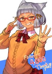 Rule 34 | 1girl, animal ear fluff, animal ears, blue background, blush, bow, breasts, brown ribbon, brown sweater, collared shirt, commentary request, glasses, grey hair, grin, hair ribbon, hands up, highres, long sleeves, looking at viewer, milestone celebration, nia (xenoblade), plaid, plaid bow, plaid skirt, pleated skirt, r123, red-framed eyewear, red bow, red skirt, ribbon, semi-rimless eyewear, shirt, short hair, skirt, small breasts, smile, solo, sparkle, sweater, thick eyebrows, two-tone background, under-rim eyewear, v-shaped eyebrows, white background, white shirt, xenoblade chronicles (series), xenoblade chronicles 2