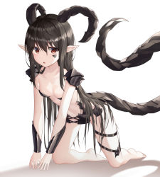 Rule 34 | 1girl, :o, arm guards, armor, barefoot, bikini armor, black armor, black horns, black tail, blonde hair, breasts, cleavage, collarbone, facial mark, full body, hair between eyes, hanavvi, horns, kneeling, long hair, looking at viewer, navel, no pants, original, parted lips, pointy ears, red eyes, shadow, shoulder armor, small breasts, solo, tail, thigh strap, topless male, very long hair, white background