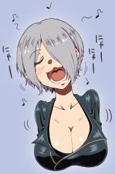 Rule 34 | 1girl, angel (kof), breasts, cleavage, closed eyes, cropped torso, highres, large breasts, music, musical note, okazunoridesuyo, one eye covered, open mouth, short hair, simple background, singing, solo, the king of fighters, upper body, white hair