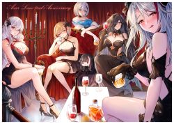 Rule 34 | 5girls, absurdres, admiral graf spee (a novel anniversary) (azur lane), admiral graf spee (azur lane), alcohol, azur lane, bare legs, bare shoulders, black dress, black footwear, black hair, blonde hair, blue eyes, blush, bottle, breasts, candlestand, cleavage, collarbone, copyright name, couch, crossed legs, cup, deutschland (azur lane), doll, dress, drink, drinking glass, earrings, english text, friedrich der grosse (azur lane), friedrich der grosse (zeremonie of the cradle) (azur lane), graf zeppelin (azur lane), hair between eyes, hair ornament, hair ribbon, high heels, highres, jewelry, large breasts, legs, lipstick, living room, long hair, looking at viewer, makeup, medium breasts, medium hair, multicolored hair, multiple girls, one eye closed, prinz eugen (azur lane), prinz eugen (cordial cornflower) (azur lane), red eyes, ribbon, roon (azur lane), roon (dark red grin) (azur lane), shoes, short hair, smile, thighs, tongue, tongue out, two-tone hair, usatorii, white hair, wine, wine bottle, wine glass, yellow eyes