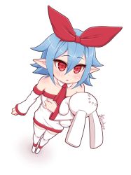 Rule 34 | 1girl, arm at side, artist name, ascot, bad id, bad pixiv id, bare shoulders, blue hair, blush, boots, child, clenched hand, collarbone, detached collar, detached sleeves, disgaea, dress, female focus, flat chest, from above, full body, hair between eyes, hairband, hand up, holding, holding stuffed toy, kionant, legs together, long sleeves, looking up, open mouth, pleinair, pointy ears, red ascot, red eyes, red hairband, short dress, short hair, sidelocks, signature, simple background, solo, standing, stitches, strapless, strapless dress, stuffed animal, stuffed rabbit, stuffed toy, thighhighs, usagi-san, white background, white dress, white footwear, white sleeves, white thighhighs, zettai ryouiki