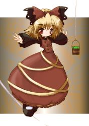 Rule 34 | 1girl, blonde hair, bucket, female focus, full body, gradient background, in bucket, in container, kisume, kitsune neko (kon mao), kurodani yamame, outstretched arms, solo, spread arms, touhou