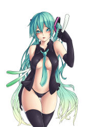 Rule 34 | 1girl, absurdres, aqua eyes, aqua hair, bad id, bad pixiv id, elbow gloves, gloves, hatsune miku, highres, lips, long hair, naidong (artist), necktie, open clothes, open shirt, panties, shirt, simple background, solo, spring onion, thigh gap, thighhighs, twintails, underwear, very long hair, vocaloid, white background