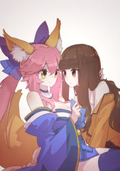 Rule 34 | 2girls, animal ear fluff, animal ears, bare shoulders, blue kimono, blue thighhighs, breasts, brown eyes, brown hair, cleavage, commentary, commentary request, detached sleeves, fate/extra, fate (series), fox ears, fox girl, fox tail, japanese clothes, kimono, kishinami hakuno (female), large breasts, long hair, looking at another, multiple girls, nejikyuu, pink hair, school uniform, tail, tamamo (fate), tamamo no mae (fate/extra), thighhighs, tsukumihara academy uniform (fate/extra), yellow eyes