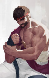 Rule 34 | 1boy, absurdres, bad id, bad twitter id, brown eyes, brown hair, clenched hand, facial hair, fighting stance, fingerless gloves, gloves, headband, highres, japanese clothes, looking away, midriff sarashi, muscular, muscular male, qchbtb, red headband, ryu (street fighter), sarashi, street fighter, street fighter 6, uppercut