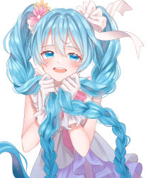 Rule 34 | 1girl, :d, blue eyes, blue hair, blush, bow, braid, dress, floating hair, hair between eyes, hair bow, hair intakes, hatsune miku, highres, holding, holding hair, hya ro, layered dress, long hair, looking at viewer, open mouth, pink bow, pink neckwear, simple background, sleeveless, sleeveless dress, smile, solo, twin braids, twintails, very long hair, vocaloid, white background, white bow, yellow bow
