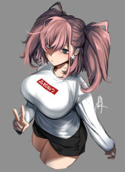 Rule 34 | 1girl, alternate costume, atlanta (kancolle), black shorts, breasts, brown hair, clothes writing, earrings, from above, grey background, grey eyes, highres, jewelry, kantai collection, large breasts, long hair, long sleeves, nmz (namazu), shirt, short shorts, shorts, simple background, single earring, solo, star (symbol), star earrings, two side up, white shirt