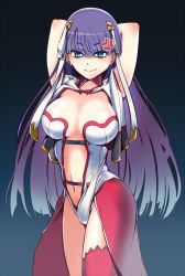 Rule 34 | 1girl, anger vein, armor, arms up, black background, blue background, breasts, breasts apart, chainmail, colored eyelashes, cowboy shot, fate/grand order, fate (series), female focus, gradient background, lace, lace-trimmed legwear, lace trim, large breasts, leotard, long hair, martha (fate), navel, red thighhighs, shaded face, solo, source request, standing, tan&#039;ichi (rocky13), thighhighs, very long hair