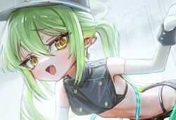 1girl aakin5349 blue_archive breasts crop_top fang gloves green_hair halo hat long_hair looking_at_viewer navel nozomi_(blue_archive) open_mouth panty_straps peaked_cap pointy_ears shorts small_breasts smile solo thighhighs white_thighhighs yellow_eyes