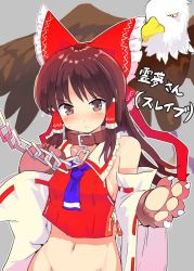 Rule 34 | 1girl, animal hands, ascot, bird, blush, bottomless, bow, breasts, brown eyes, brown hair, chain, closed mouth, collar, commentary request, detached sleeves, eagle, frown, gloves, grey background, groin, hair bow, hair tubes, hakurei reimu, long hair, long sleeves, navel, out-of-frame censoring, paw gloves, puuakachan, red bow, ribbon-trimmed sleeves, ribbon trim, sidelocks, simple background, small breasts, solo, sweat, touhou, upper body, wide sleeves