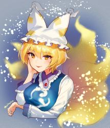 Rule 34 | 1girl, :p, ainy, animal hat, artist name, bad id, bad twitter id, blonde hair, blue background, blush, breasts, commentary request, cropped torso, dress, fox tail, frilled shirt collar, frilled sleeves, frills, gradient background, hair between eyes, hand on own cheek, hand on own face, hand up, hat, highres, large breasts, light particles, long sleeves, looking at viewer, mob cap, multiple tails, one-hour drawing challenge, partial commentary, short hair, smile, solo, tabard, tail, tongue, tongue out, touhou, twitter username, upper body, white dress, white hat, yakumo ran, yellow eyes