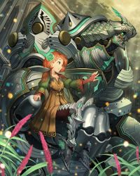 Rule 34 | 1girl, armor, armored boots, boots, braid, brown dress, closed mouth, collarbone, commentary, dress, flower, gloves, greaves, green eyes, green flower, green sleeves, hair flower, hair ornament, highres, holding, long sleeves, looking to the side, mecha, nakamura eight, orange hair, original, plant, puffy long sleeves, puffy sleeves, red gloves, robot, short hair, sitting, smile, solo