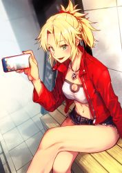 Rule 34 | 1girl, absurdres, bare legs, belt, blonde hair, braid, cellphone, denim, denim shorts, fate/grand order, fate (series), french braid, green eyes, hair ornament, highres, huge filesize, jacket, jewelry, looking at viewer, mordred (fate), mordred (fate/apocrypha), mordred (memories at trifas) (fate), nakanishi tatsuya, necklace, phone, shorts, solo, strapless