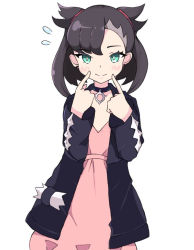 Rule 34 | 1girl, asymmetrical bangs, bad id, bad pixiv id, black choker, black jacket, blush, brown hair, choker, closed mouth, commentary, creatures (company), dress, earrings, eyelashes, fingersmile, flying sweatdrops, game freak, genbu (user unhx5348), green eyes, hair ribbon, hands up, index fingers raised, jacket, jewelry, long sleeves, looking at viewer, marnie (pokemon), nintendo, open clothes, open jacket, pink dress, pokemon, pokemon swsh, red ribbon, ribbon, simple background, smile, solo, white background