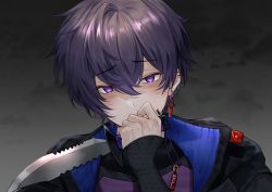Rule 34 | 1boy, black hair, black jacket, black nails, black shirt, blue eyes, blush, cloud, cloudy sky, commentary, covering own mouth, ear piercing, earrings, fingernails, hair between eyes, hand up, highres, holding, holding knife, indie virtual youtuber, jacket, jewelry, knife, long sleeves, looking at viewer, makura wet, male focus, nail polish, open clothes, open jacket, piercing, purple shirt, raised eyebrows, red pupils, shirt, short hair, shoto (vtuber), sidelocks, single earring, sky, sleeves past wrists, solo, sword earrings, two-sided fabric, two-sided jacket, upper body, virtual youtuber