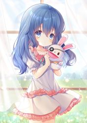 Rule 34 | 1girl, absurdres, blue eyes, blue hair, child, curtains, date a live, dress, eyepatch, hand puppet, highres, itano slime, long hair, puppet, short dress, short sleeves, solo, white dress, wind, window, yoshino (date a live), yoshinon
