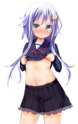 Rule 34 | 10s, 1girl, blue eyes, blush, clothes lift, crescent, crescent hair ornament, flat chest, hair ornament, imachi (staccato squirrel), kantai collection, lifting own clothes, long hair, long sleeves, looking at viewer, navel, purple hair, school uniform, serafuku, shirt lift, short hair with long locks, simple background, skirt, solo, stomach, white background, yayoi (kancolle)