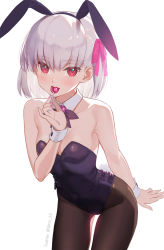 Rule 34 | 1girl, animal ears, bare shoulders, blush, breasts, candy, cleavage, collarbone, covered navel, cowboy shot, detached collar, eyes visible through hair, fake animal ears, fate/grand order, fate (series), food, highres, kama (fate), leotard, lollipop, looking at viewer, pantyhose, playboy bunny, purple hair, rabbit ears, red eyes, revision, short hair, siino, simple background, sleeveless, small breasts, smile, solo, standing, strapless, strapless leotard, white background, wrist cuffs
