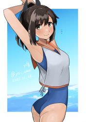 Rule 34 | 1girl, absurdres, ass, blue one-piece swimsuit, brown eyes, brown hair, commentary request, cowboy shot, dated, hair ornament, highres, i-401 (kancolle), kantai collection, looking at viewer, one-hour drawing challenge, one-piece swimsuit, one-piece tan, orange sailor collar, ponytail, sailor collar, school swimsuit, shirt, short hair, short ponytail, side-tie shirt, sleeveless, sleeveless shirt, smile, solo, swimsuit, swimsuit under clothes, tan, tanline, toriniku senshi chikinman, twitter username