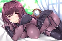 Rule 34 | 1girl, between breasts, blurry, blurry background, blush, bodysuit, breasts, clock, covered erect nipples, curtains, fate/grand order, fate (series), garter straps, hair intakes, impossible clothes, indoors, large breasts, long hair, looking at viewer, mizuhara yuu, on bed, parted lips, purple bodysuit, purple eyes, purple hair, scathach (fate), scathach (fate), solo, thighhighs