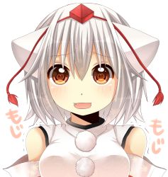 Rule 34 | 1girl, animal ears, bad id, bad pixiv id, bare shoulders, blush, close-up, detached sleeves, fang, female focus, hat, heart, heart-shaped pupils, inubashiri momiji, looking at viewer, open mouth, short hair, silver hair, simple background, solo, symbol-shaped pupils, tokin hat, touhou, trembling, upper body, wolf ears, yamasuta