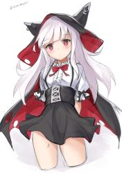 Rule 34 | 1girl, absurdres, anchor symbol, arms behind back, azur lane, black cape, black skirt, blush, bow, bowtie, cape, erebus (azur lane), frills, highres, hood, hooded cape, karumayu, long hair, looking at viewer, red bow, red bowtie, red eyes, shirt, simple background, skirt, solo, twitter username, white background, white hair, white shirt