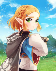 Rule 34 | 1girl, :t, black gloves, blonde hair, blue shirt, blush, braid, cape, commentary request, day, gloves, green eyes, hair ornament, hairclip, highres, holding, hood, hooded cape, long sleeves, mountain, nintendo, outdoors, parted bangs, pointy ears, princess zelda, qi&#039;e (penguin), shirt, short hair, solo, the legend of zelda, the legend of zelda: breath of the wild, the legend of zelda: tears of the kingdom, upper body
