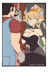Rule 34 | 1boy, 1girl, armlet, bare shoulders, black dress, blonde hair, blue eyes, blush, bowsette, breasts, cleavage, collar, comic, crown, dress, earrings, fang, fang out, hand on own chest, highres, horns, jewelry, kuso otoko, large breasts, mario, mario (series), nervous, new super mario bros. u deluxe, nintendo, pointy ears, ponytail, silent comic, spiked collar, spikes, strapless, strapless dress, super crown, twitter username, watermark, web address, wrench