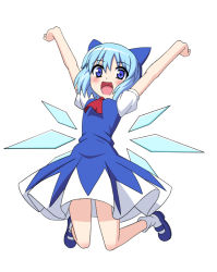 Rule 34 | 1girl, :d, arms up, blue eyes, blue hair, cirno, female focus, h-new, jumping, looking at viewer, matching hair/eyes, open mouth, outstretched arms, short hair, smile, solo, embodiment of scarlet devil, touhou