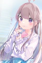 Rule 34 | !, !!, 1girl, ^^^, ahoge, blue skirt, blurry, blurry background, blush, brown hair, chikuwa., closed mouth, cream, cream on face, depth of field, food, food on face, hair between eyes, hair ornament, hairclip, hands up, highres, holding, long hair, long sleeves, looking at viewer, original, puffy long sleeves, puffy sleeves, purple eyes, rabbit hair ornament, skirt, sleeves past wrists, solo, sweat, tongue, tongue out, two side up, v-shaped eyebrows, very long hair, x hair ornament