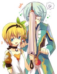 Rule 34 | 10s, 1boy, 1girl, bare shoulders, blonde hair, blue eyes, blue hair, blush, choker, coat, dress, edna (tales), gloves, hairband, long hair, mikleo (tales), open mouth, pants, ribbon, short hair, side ponytail, tales of (series), tales of zestiria