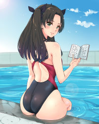 Rule 34 | 1girl, absurdres, ass, back, black hair, black one-piece swimsuit, blue sky, book, cloud, commentary request, competition swimsuit, cowboy shot, day, fate/stay night, fate (series), from behind, gradient background, green eyes, highres, huge ass, long hair, looking at viewer, looking back, one-piece swimsuit, outdoors, pool, sarfata, sitting, sky, smile, solo, swimsuit, tohsaka rin, two side up, water