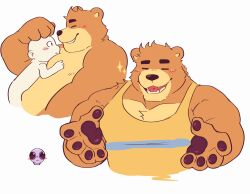 Rule 34 | 1boy, 1other, = =, animal ears, animal hands, bara, bear boy, bear ears, belly, blush, brown fur, cropped torso, fat, fat man, furry, furry male, headpat, highres, large pectorals, lying on person, male focus, offering hand, original, pectorals, short hair, size difference, sparkle, tank top, teddy (toastysharky), thick eyebrows, toastysharky, yellow tank top