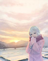 Rule 34 | 1girl, blonde hair, blue eyes, coat, enpera, female focus, half-closed eyes, lowres, mittens, original, outdoors, own hands together, pink coat, pink mittens, scarf, sky, snow, solo, sunset, swept bangs, weno, weno&#039;s blonde original character