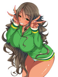 1girl blush breasts double_v female_focus fingernails ganguro green_eyes grey_hair grin gyaru highres hood hooded_track_jacket ishii_akira jacket jewelry kogal large_breasts long_fingernails long_hair nail_polish necklace no_pants original panties simple_background smile solo tan track_jacket underwear v wavy_hair white_background white_panties