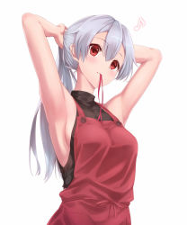 Rule 34 | 1girl, alternate costume, apron, armpits, arms up, black shirt, breasts, closed mouth, commentary request, eighth note, fate/grand order, fate (series), highres, long hair, looking at viewer, medium breasts, mouth hold, musical note, red apron, red eyes, sakaokasan, shirt, sideboob, silver hair, simple background, sleeveless, sleeveless shirt, smile, solo, tomoe gozen (fate), tying hair, upper body, white background