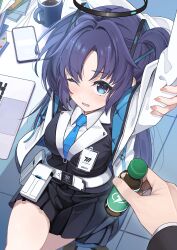 Rule 34 | 1girl, 1other, black skirt, blue archive, blue necktie, blush, breasts, cellphone, collared shirt, cup, fingernails, formal, halo, highres, jacket, large breasts, long hair, long sleeves, mechanical halo, necktie, one eye closed, open clothes, open jacket, open mouth, phone, pleated skirt, purple eyes, purple hair, shirousagi una, shirt, sitting, skirt, smartphone, suit, tears, two side up, white jacket, white shirt, yuuka (blue archive)