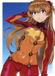Rule 34 | 1girl, absurdres, artist request, blue eyes, bodysuit, breasts, brown hair, evangelion: 2.0 you can (not) advance, expressionless, hair ornament, hand in own hair, highres, interface headset, long hair, looking at viewer, medium breasts, neon genesis evangelion, plugsuit, rebuild of evangelion, red bodysuit, see-through, see-through bodysuit, shiny clothes, simple background, solo, souryuu asuka langley, standing, test plugsuit, very long hair, wide hips