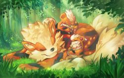 Rule 34 | arcanine, claws, closed eyes, closed mouth, commentary, creatures (company), day, evolutionary line, fangs, fangs out, game freak, gen 1 pokemon, grass, growlithe, irischroma, lying, nintendo, no humans, outdoors, pokemon, pokemon (creature), sleeping, smile, tree