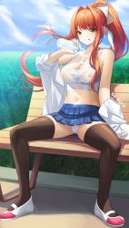 Rule 34 | 1girl, absurdres, bench, black thighhighs, blue skirt, blue sky, bottle, breasts, brown hair, cameltoe, commission, covered erect nipples, day, doki doki literature club, green eyes, hair ribbon, highres, holding, holding bottle, large breasts, long hair, midriff, miniskirt, monika (doki doki literature club), navel, outdoors, panties, park bench, pleated skirt, ponytail, pouring, pouring onto self, ribbon, shoes, sidelocks, sitting, skirt, sky, smile, solo, sora (men0105), spread legs, tank top, thighhighs, tongue, tongue out, underwear, very long hair, water, water bottle, wet, wet clothes, white panties, white ribbon, white tank top