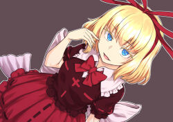 Rule 34 | 1girl, black shirt, blonde hair, blue eyes, bow, bowtie, grey background, hair ribbon, kakone, looking at viewer, medicine melancholy, open mouth, red bow, red bowtie, red ribbon, red skirt, ribbon, shirt, short hair, simple background, skirt, solo, touhou