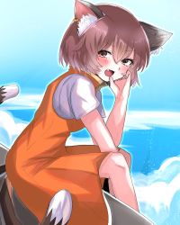 Rule 34 | 1girl, :d, animal ears, blue sky, brown hair, cat ears, cat tail, chen, day, earrings, fang, hand on own face, highres, jewelry, kashiwara mana, multiple tails, nekomata, no headwear, ocean, open mouth, sitting, sky, smile, solo, tail, touhou, two tails