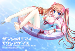Rule 34 | 1girl, afloat, anklet, bad id, bad pixiv id, barefoot, bikini, blue eyes, bow, bracelet, breasts, brown hair, cleavage, front-tie top, full body, hair ribbon, innertube, jewelry, long hair, medium breasts, mikami sasara, original, partially submerged, ribbon, side-tie bikini bottom, smile, solo, submerged, summer, swim ring, swimsuit, twintails, v, water