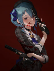 Rule 34 | 1girl, beret, blood, blood on clothes, blood on face, blue eyes, blue hair, choker, collared shirt, cowboy shot, dress, dual wielding, gloves, grey hat, gun, hair ribbon, handgun, hat, highres, holding, hololive, hoshimachi suisei, hoshimachi suisei (1st costume), icy02, plaid, plaid dress, red background, ribbon, shirt, side ponytail, solo, tongue, tongue out, virtual youtuber, weapon