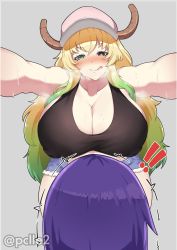 Rule 34 | !, !!, 1boy, 1girl, absurdres, age difference, artist name, bare shoulders, baseball cap, black shirt, blonde hair, blush, breasts, cleavage, collarbone, curvy, denim, denim shorts, dragon girl, dragon horns, gradient hair, green hair, grey background, hat, heterochromia, highres, horns, huge breasts, imminent rape, kobayashi-san chi no maidragon, licking lips, long hair, lucoa (maidragon), magatsuchi shouta, multicolored hair, naughty face, outstretched arms, pclle2, purple hair, shirt, short shorts, shorts, sleeveless, smile, sweat, tank top, thick thighs, thigh gap, thighs, tongue, tongue out, wide hips