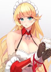 Rule 34 | 1girl, aqua eyes, azur lane, bare shoulders, black gloves, blonde hair, bow, bowtie, breasts, cleavage, collarbone, gloves, highres, holding, holding letter, howe (azur lane), howe (pastry princess) (azur lane), large breasts, letter, light blush, long hair, looking at viewer, maid, maid headdress, marshall k, open mouth, solo, upper body, white background, white bow, white bowtie