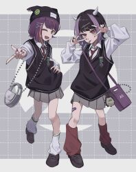 2girls ;d alternate_costume ascot bandages black_footwear black_hair black_hat black_nails brown_eyes cardigan colored_inner_hair demon_girl demon_horns gesture grey_skirt hair_ornament hand_on_own_hip hat highres horns looking_at_viewer loose_socks medal multicolored_hair multiple_girls nira-chan one_eye_closed open_mouth pleated_skirt purple_cardigan purple_hair purple_nails red_ascot red_eyes red_socks reku_1228s skirt smile socks tongue tongue_out two-tone_hair white_horns x_hair_ornament zutto_mayonaka_de_ii_no_ni