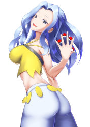 Rule 34 | 1girl, ass, bare shoulders, blue eyes, breasts, creatures (company), from behind, game freak, highres, karen (pokemon), long hair, looking at viewer, nintendo, open mouth, pants, poke ball, pokemon, pokemon hgss, shirt, sideboob, silver hair, smile, solo, tattuuy